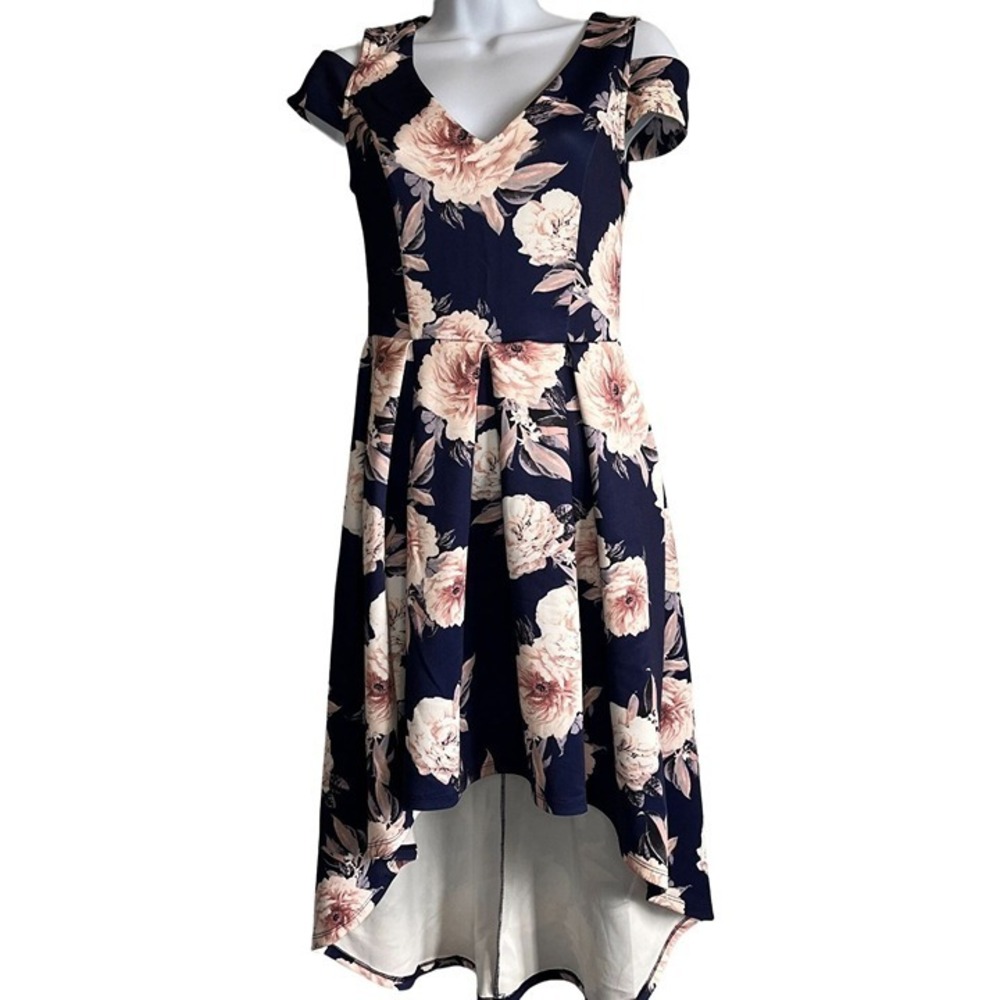 Charlotte Russe Womens Navy Blue Floral Off‎ Shoulder Hi Lo Dress Size Small